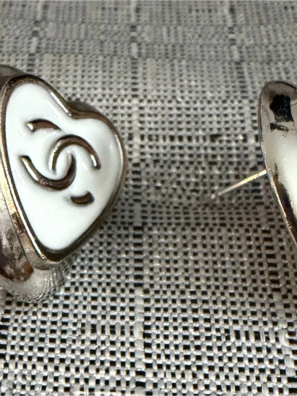 CHANEL White and Silver Heart Double C Accent Pair